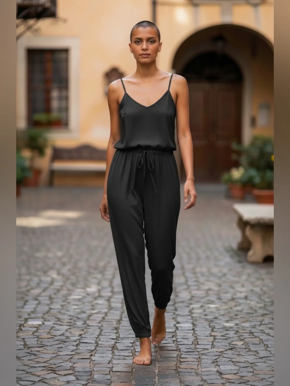 Splendid‎ Dark Gray Sleeveless Jumpsuit Drawstring Waist Tapered Leg Size M